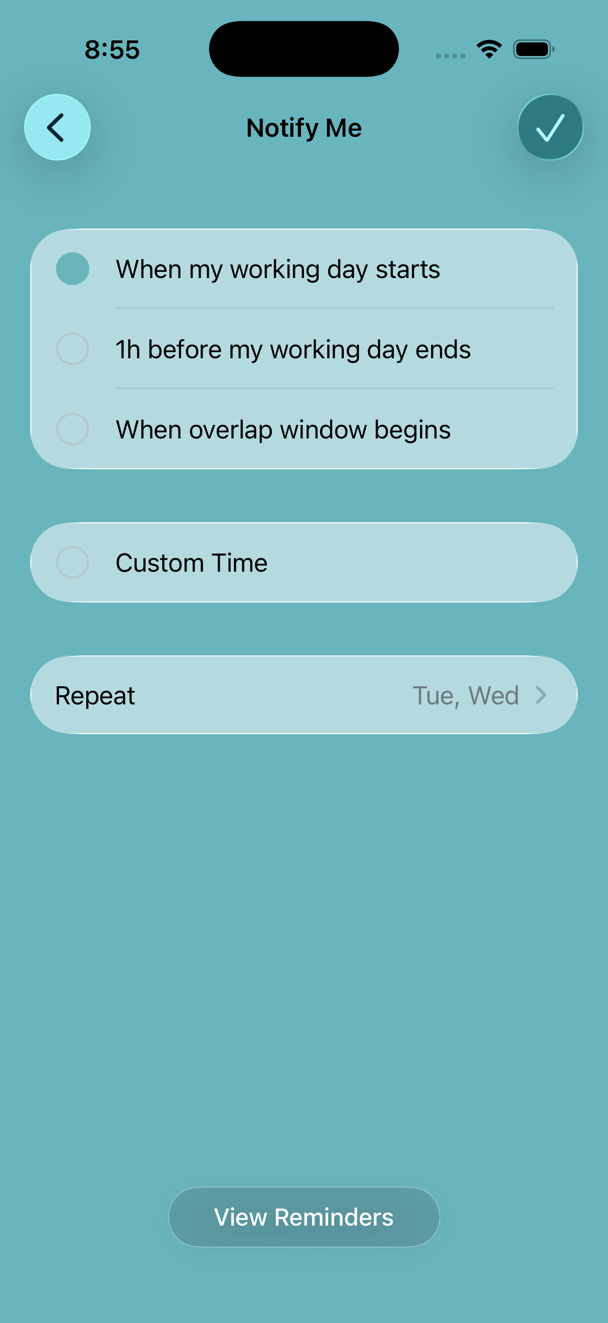 Reminder options in WhenItsTime